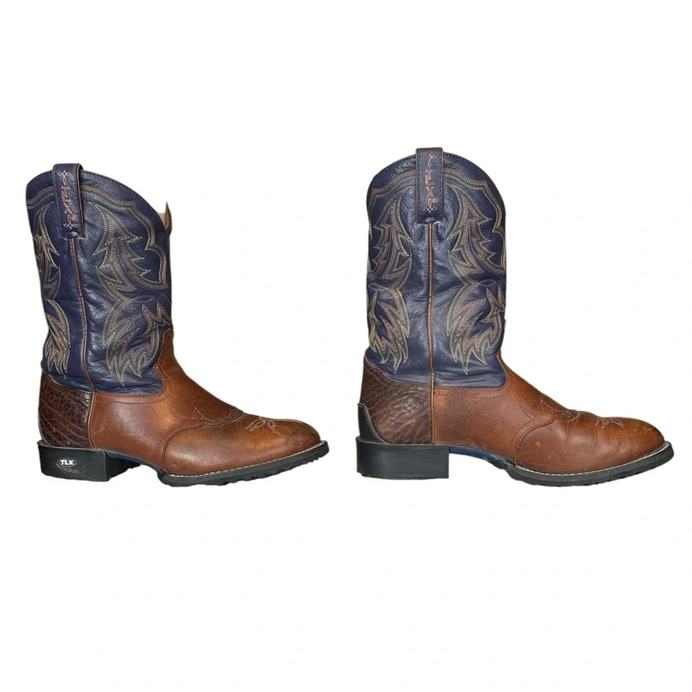 Tony Lama Brown and Navy Genuine Leather Cowboy Western Boot TLX XT5001.Size 9.5 - Picture 6 of 16